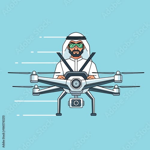 Arabian Man Piloting a Modern Drone with Camera.