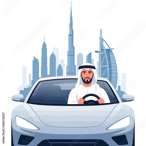 Arab man in traditional ghutra and thobe driving a modern silver sports car.