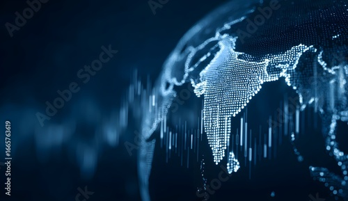Fototapeta Naklejka Na Ścianę i Meble -  A digital globe with global stock market charts and a portrait of India on it, blurred background, 