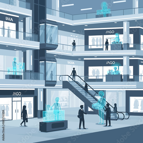 Futuristic Holographic Mannequins Displaying Apparel in Modern Shopping Mall.