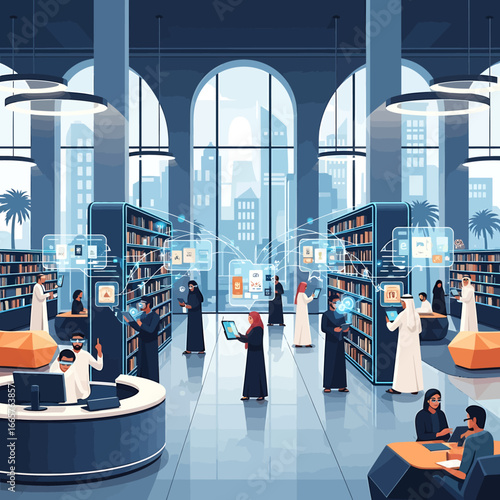 Futuristic library interior with people in traditional attire interacting with holographic displays and digital resources.