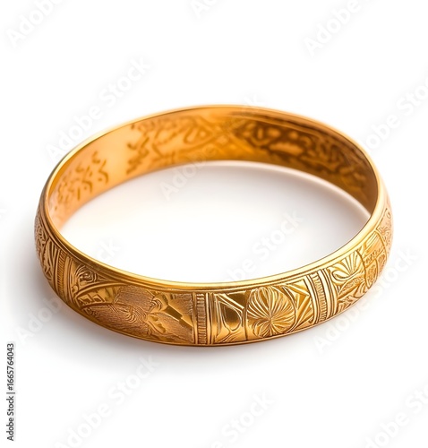 Gold Engraved Bangle Bracelet on White Background