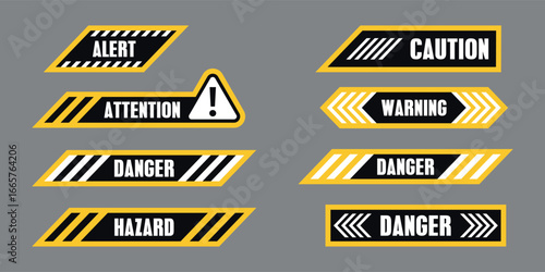 Warning banners set with caution stripes. Attention, alert, danger, hazard, and safety labels in black, yellow, and white design. Modern warning tags for attention, alert messages, and hazard signals