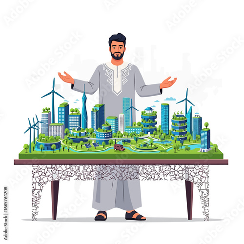 Man in traditional clothing presenting a miniature green city model on a table.