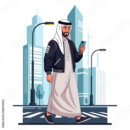 Modern Arab Man Walking with Smartphone in Urban Cityscape.