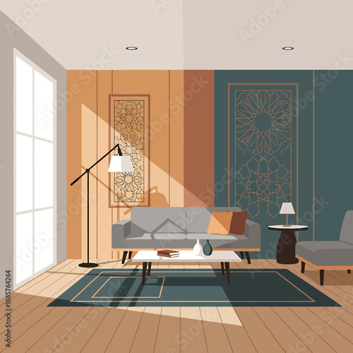 Modern Living Room Interior Design with Warm Color Palette.