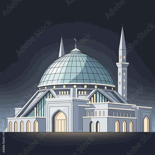 Vector illustration of a modern white mosque with a large light blue glass dome and two minarets illuminated against a dark background.