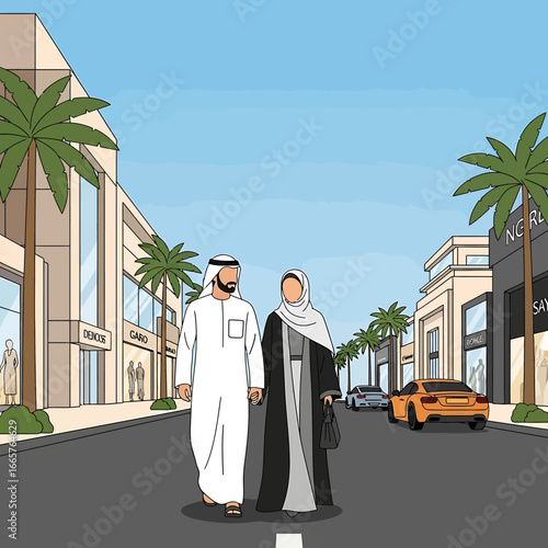 Vector illustration of a smiling Arab couple in traditional Kandura and Abaya walking together.