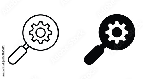Vector icon of a magnifying glass and gear for search and settings.

