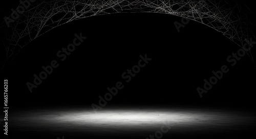 Mysterious empty stage with a spotlight on a grunge floor under an arch of spooky cobwebs, creating a dark horror themed background