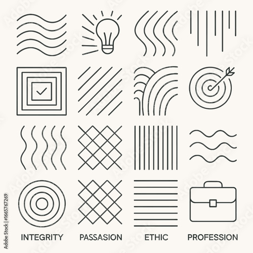 A collection of abstract line art icons representing business concepts, personal values like integrity, passion, ethic, and profession, suitable for modern design projects.