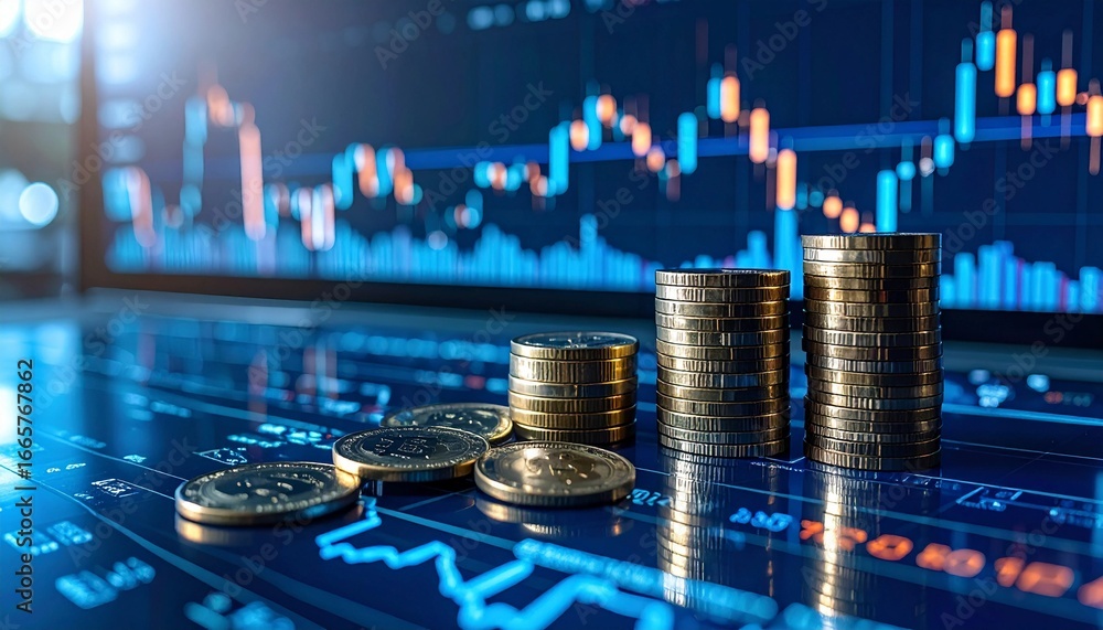 © Nashihal - Examining financial trends with coins and stock market graphs in modern digital environment