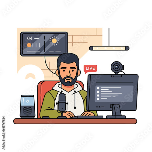 An illustration of a bearded man streaming live from his home studio setup with a computer, microphone, and webcam.