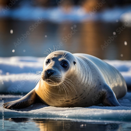 A seal relaxes on the icy shores, surrounded by snow and ice in the Arctic region, exuding calmness in its natural habitat.