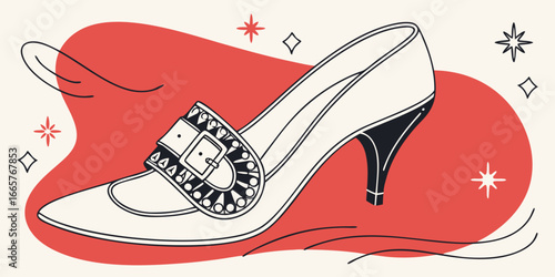 Fashion high heel with buckle strap displayed on red background vector illustration.