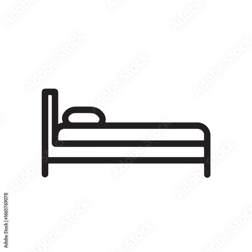 Simple line art silhouette of a bed with pillow isolated on white background