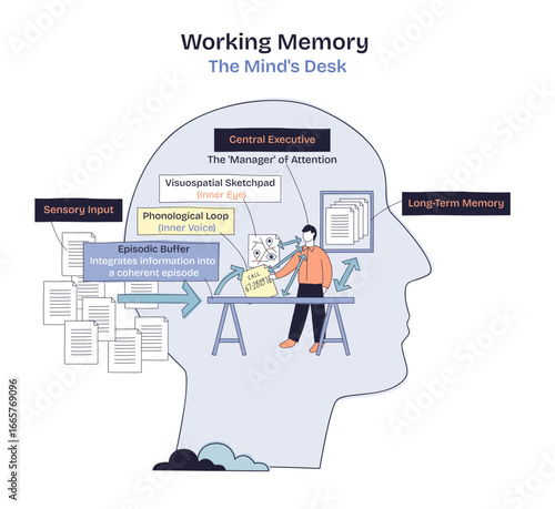 Working memory is visualized as a minds desk, showing central executive, sensory input, and long-term memory connections, transparent background. Doodle style diagram