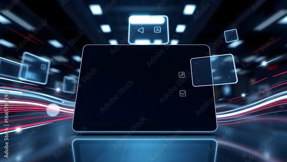 Fototapeta premium Digital Tablet Interface with Dynamic Abstract Background and Technological Elements - Conceptual Illustration