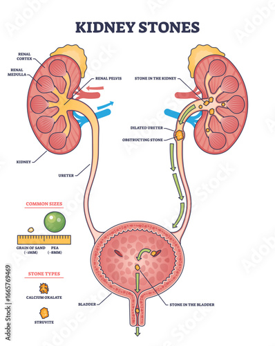 Kidney stones diagram shows kidneys, ureters, and bladder with stone locations and flow path, transparent background.