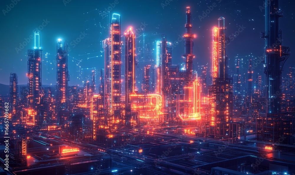 Fototapeta premium Futuristic smart factory concept, featuring advanced technologies like AI, IoT, and robotics, enhancing manufacturing efficiency and productivity, Generative AI