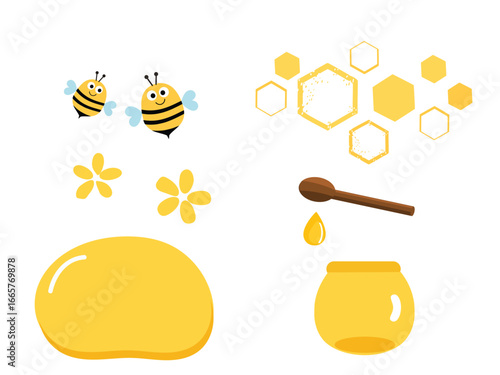 Beehive honey sign with hexagon grid cells, bee cartoons, honey drop, cute flower, honey pot and wooden stick icon set isolated on white background vector.