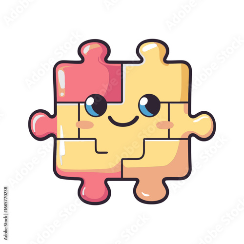 cute,smiling puzzle piece made of two joined parts for problem-solving blogs,teamwork websites,or articles about solutions, collaboration,autism awareness