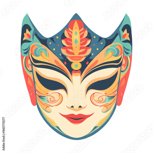 A decorative, folk-art-style mask with a smiling face. The image is a vector illustration, ideal for websites or blogs about culture, theater, festivals, or spiritual topics.

