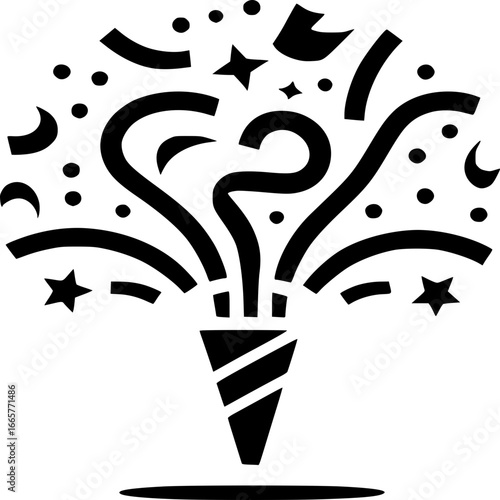 Festive Celebration with Confetti: A monochrome vector graphic depicts a celebratory moment, with confetti, streamers, and stars bursting from a party popper.