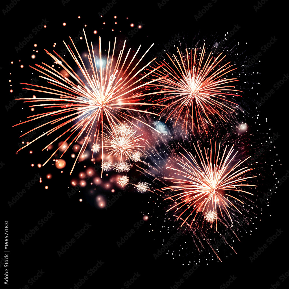 Fototapeta premium Gold Spark Firework Texture Radiant Pattern, Isolated on Black, Vibrant Fireworks Texture Burst on Black Night Sky, Dynamic Starburst Firework Texture for Party, Festival, and Celebration Backdrops
