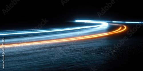 Abstract light trails curve across dark surface