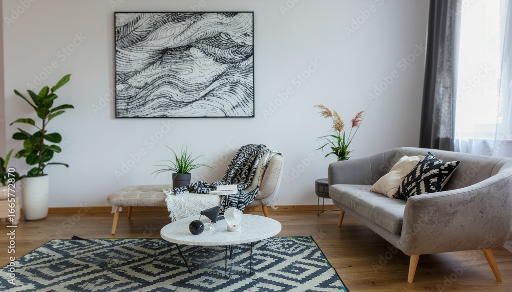 Obraz premium Beautifully Designed Modern Living Room Interior with Chic Furniture and Stylish Home Decor Accents