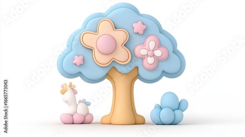 Cute Cartoon Tree and Animal