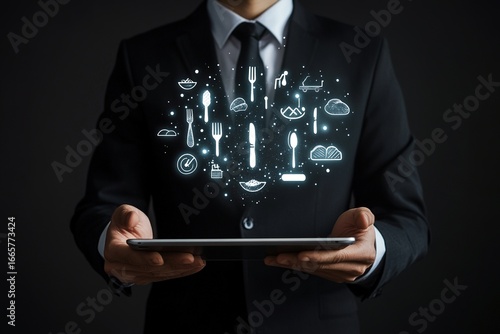 A Waiter Holding a Tablet with Food and Drinks
