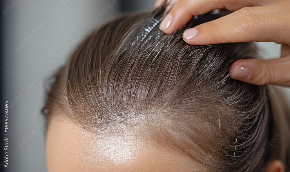 Naklejka premium Woman receiving advanced hair follicle treatment to promote hair growth, showcasing a medical solution for baldness, Generative AI