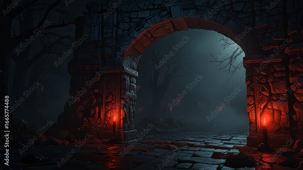 Obraz premium Gothic spooky archway glowing in dark eerie Halloween scene