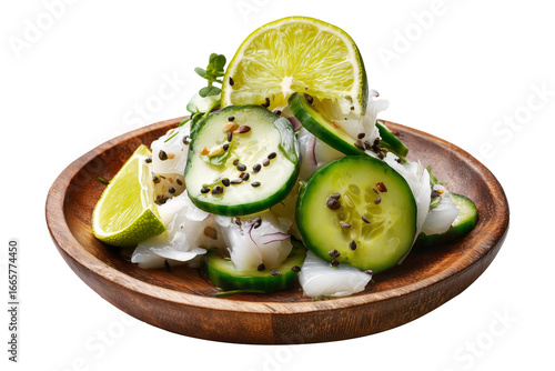 Ika Mata raw fish salad from the Cook Islands with seafood, lime, cucumber, and coconut in a wooden bowl, isolated on white transparent background, concept of Polynesian Cuisine