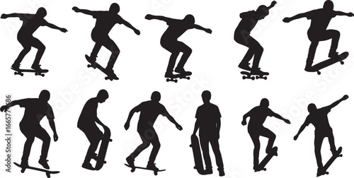 Black silhouette set of skateboarders performing tricks