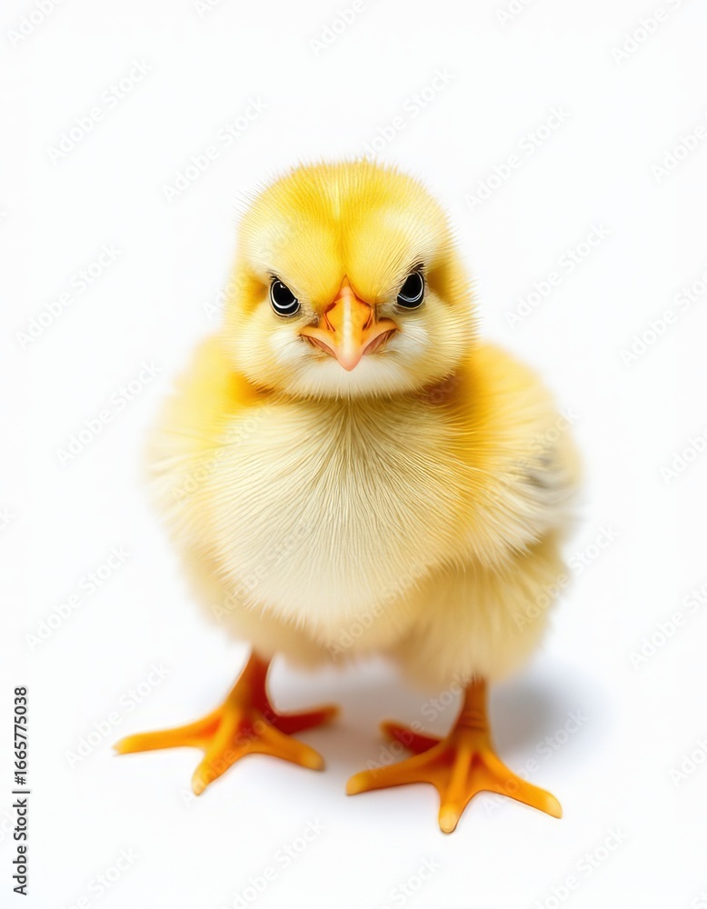 Obraz premium Clean and Fluffy Chick Portrait with a Direct Gaze Against a Pristine White Background