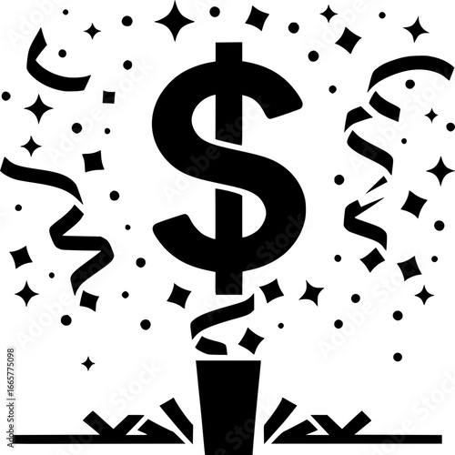 Financial Celebration Illustration: A stylized illustration features a prominent dollar symbol erupting from a celebratory cup, surrounded by confetti and ribbons.