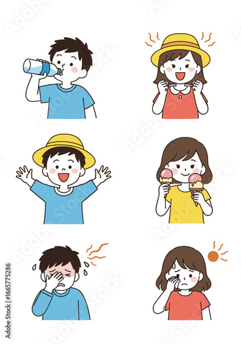 Children experience summer heat effects including drinking water enjoying ice cream and showing discomfort