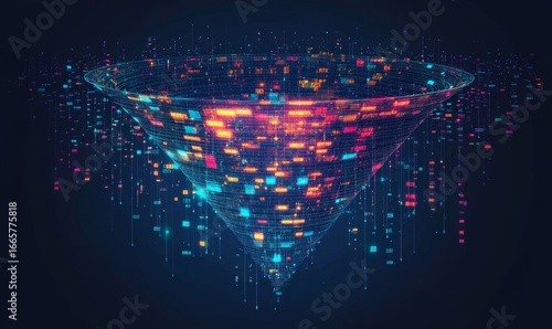 Big data technology concept, featuring large digital funnel that processes and transforms online data into valuable information, depicted in modern digital style, Generative AI