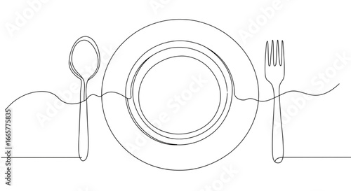 Minimalist line art plate spoon fork continuous drawing kitchen restaurant culinary design illustration