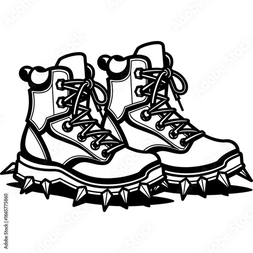 Sketchy emblem of mountaineering boots with iron crampons. Engraving minimalistic vector in black ink drawing on transparent background