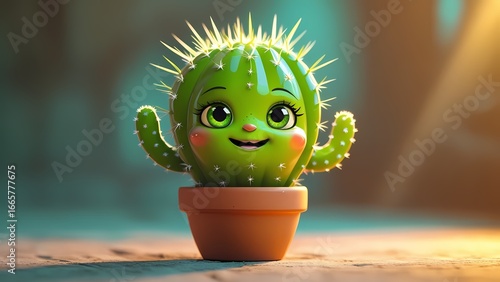 Adorable cartoon cactus in a terracotta pot, smiling cheerfully.