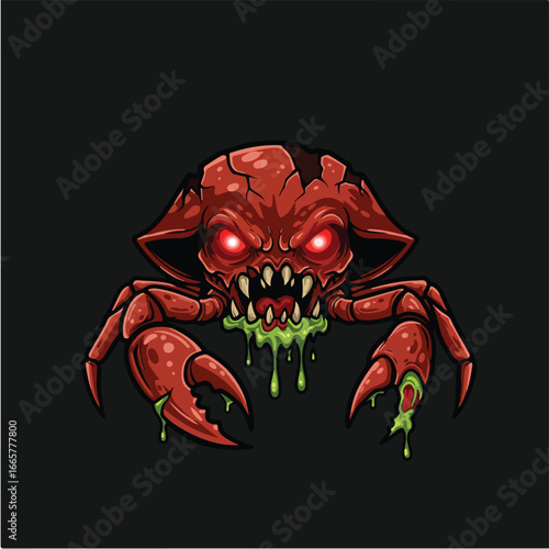 Cartoon illustration of a menacing red crab with glowing red eyes, sharp teeth, and dripping green slime, set against a dark background.
