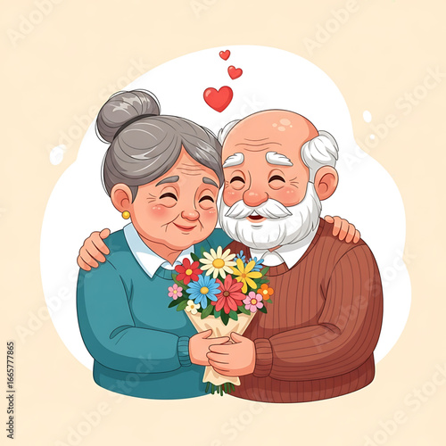 Affectionate Senior Couple Holding Flowers, Cartoon Style