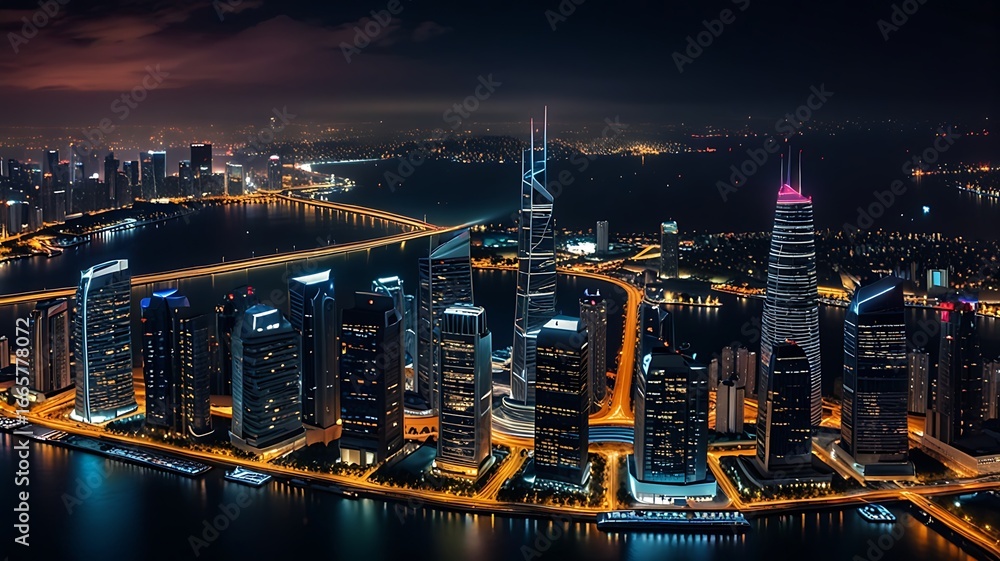Fototapeta premium Aerial Cinematic View of a Vibrant Contemporary Cityscape
