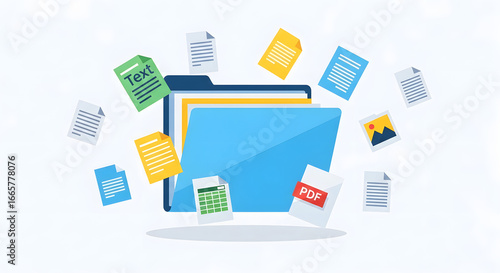 Organized Digital Data Online File Folder with Various Floating Documents, A Flat Illustration