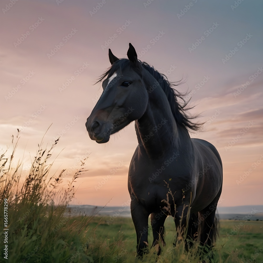 Fototapeta premium Single stallion rearing on a grassy knoll at dusk, silhouette against a pastel sky, minimalistic landscape emphasis, no people,Generative Ai