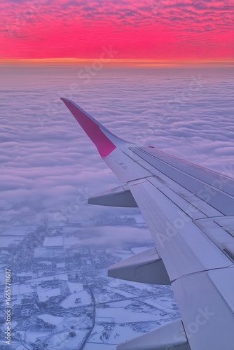 Airplane wing view at sunse...